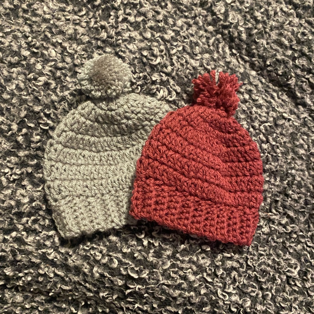 Handmade pink and grey crochet baby hats size newborn